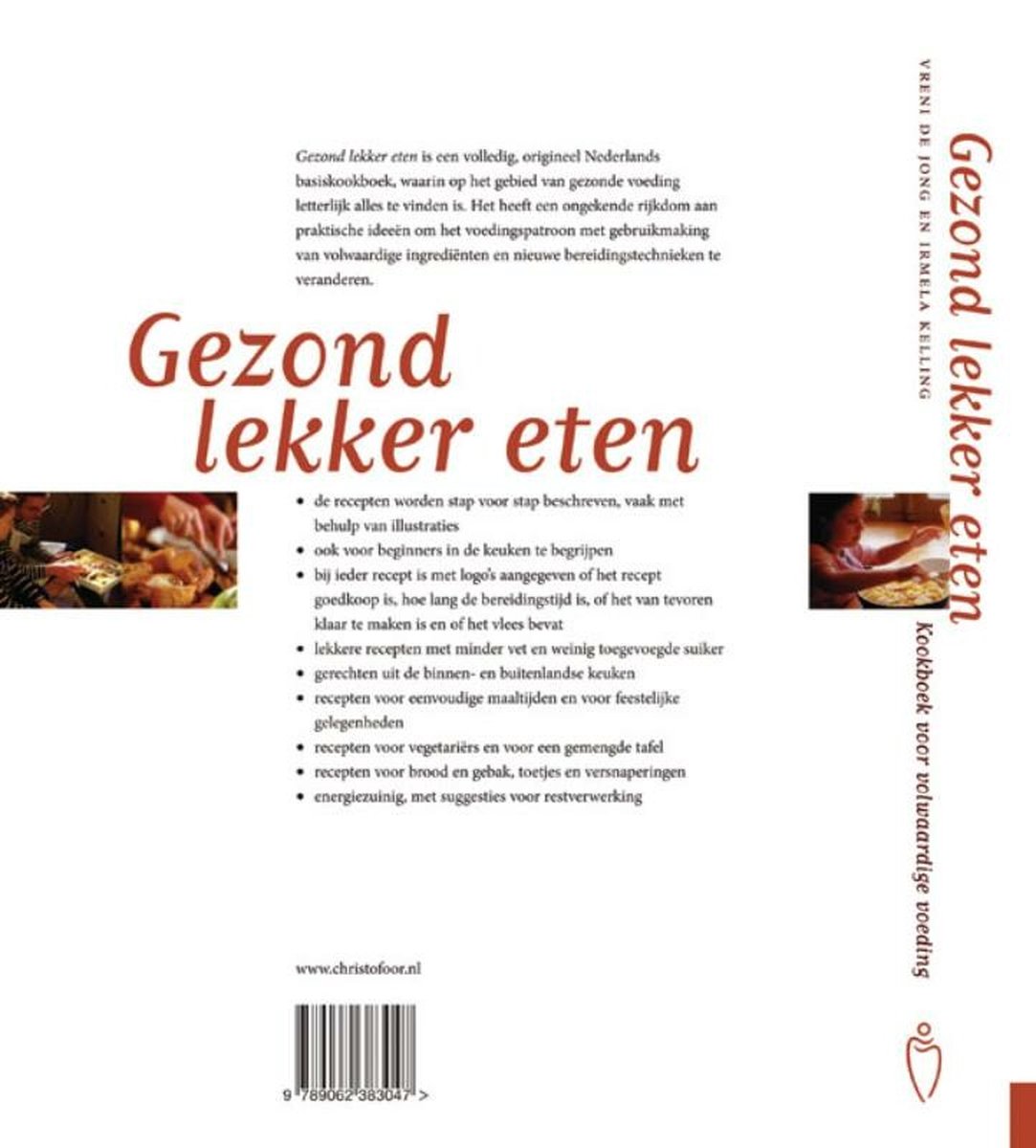 Boek met de titel Gezond lekker eten met foto's van eten en een illustratie van een recept.