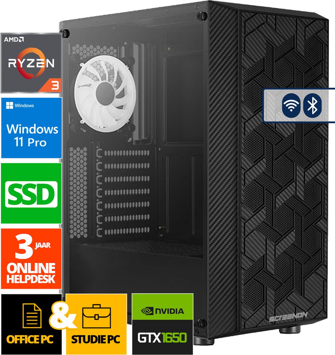 Office Computer - Ryzen 3 - 2048GB SSD - 64GB RAM - GTX 1650 - WX32373 - Windows 11 - ScreenON - Allround Business PC + WiFi & Bluetooth
