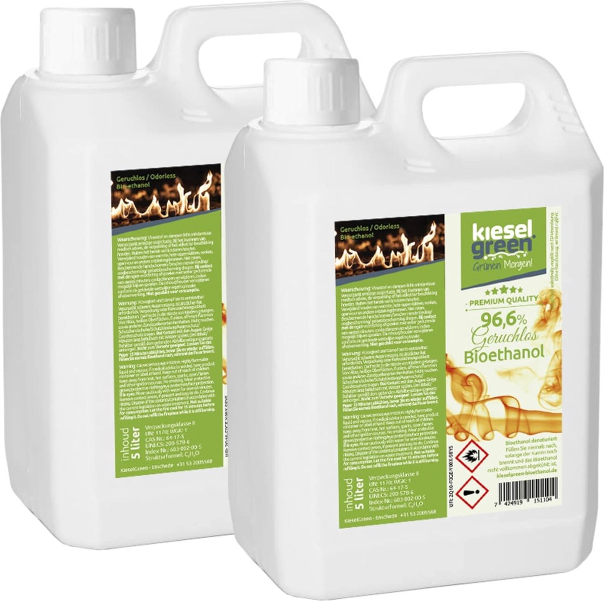 KieselGreen 10 Liter Bio-Ethanol Geurloos - Bioethanol 96.6%, Veilig voor Sfeerhaarden en Tafelhaarden, Milieuvriendelijk - Premium Kwaliteit Ethanol voor Binnen en Buiten