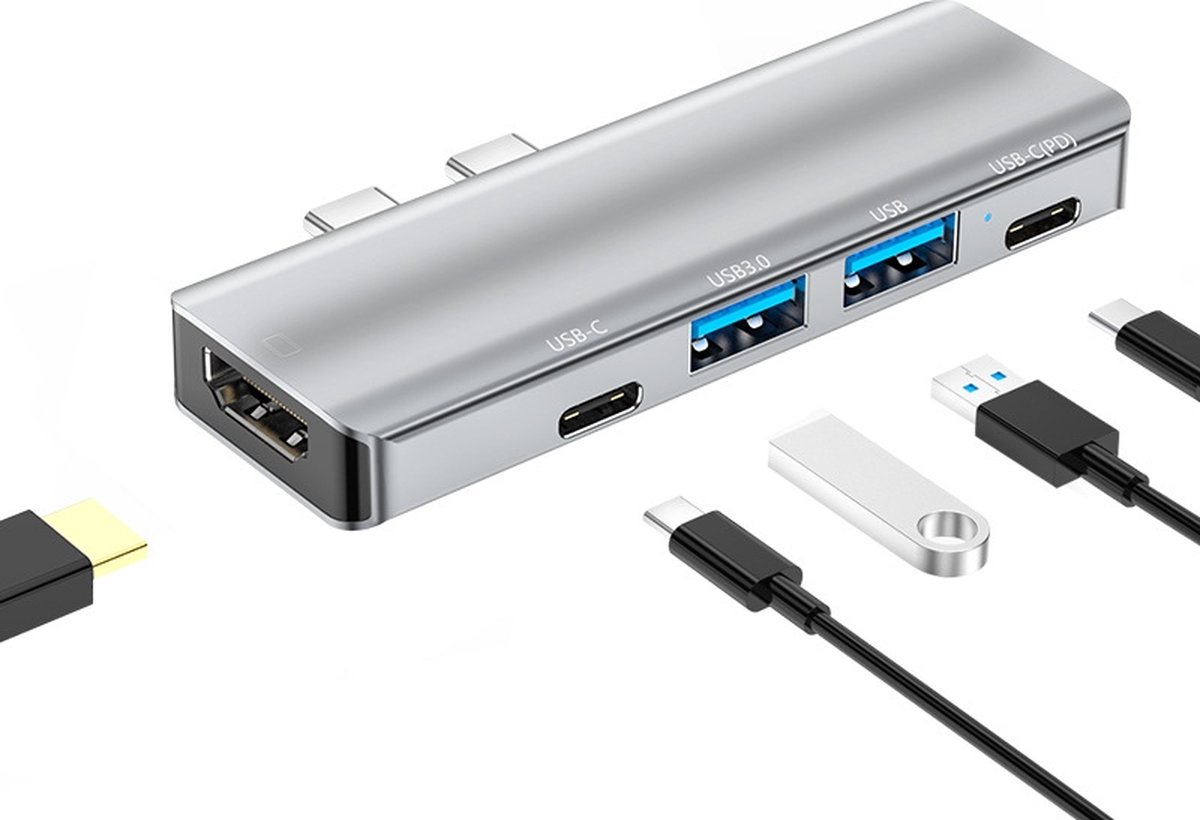USB-C Hub DUAL USB-C adapter dock geschikt voor Macbook - HDMI - USB 3.0 - 2x USB-C - Docking Station USB splitter - 5 in 1 - Zilver - Provium