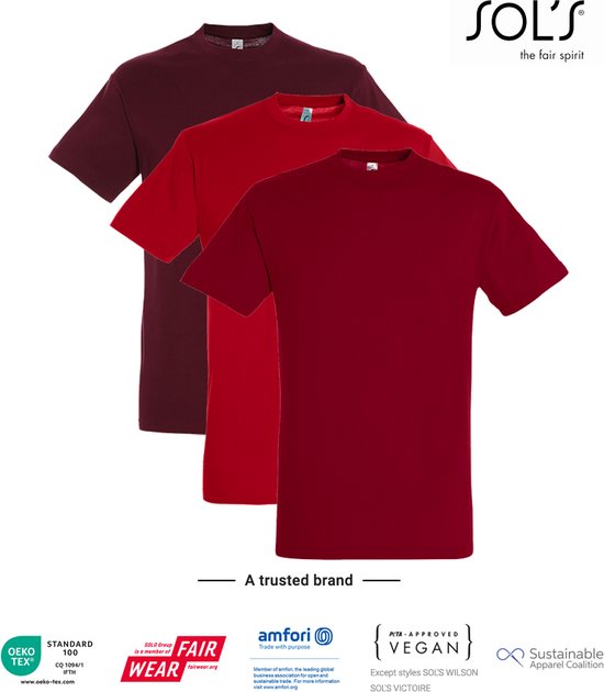 3 Pack SOLS Heren T-Shirt 100% katoen Ronde hals Rood, Bordeaux Rood, Tango Rood Maat L