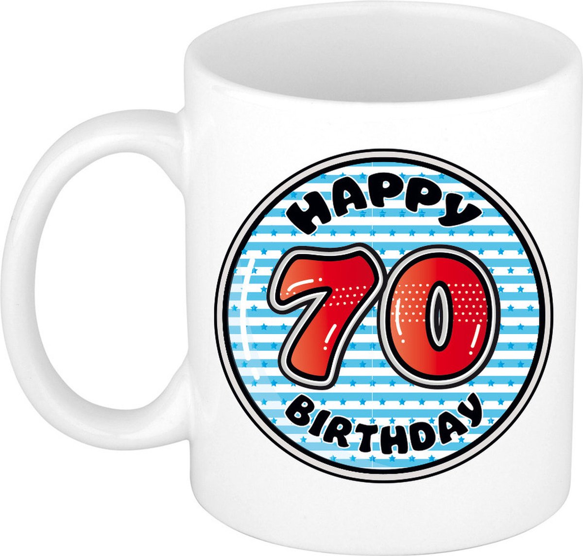Bellatio Decorations Verjaardag cadeau mok - 70 jaar - blauw - gestreept - 300 ml - keramiek