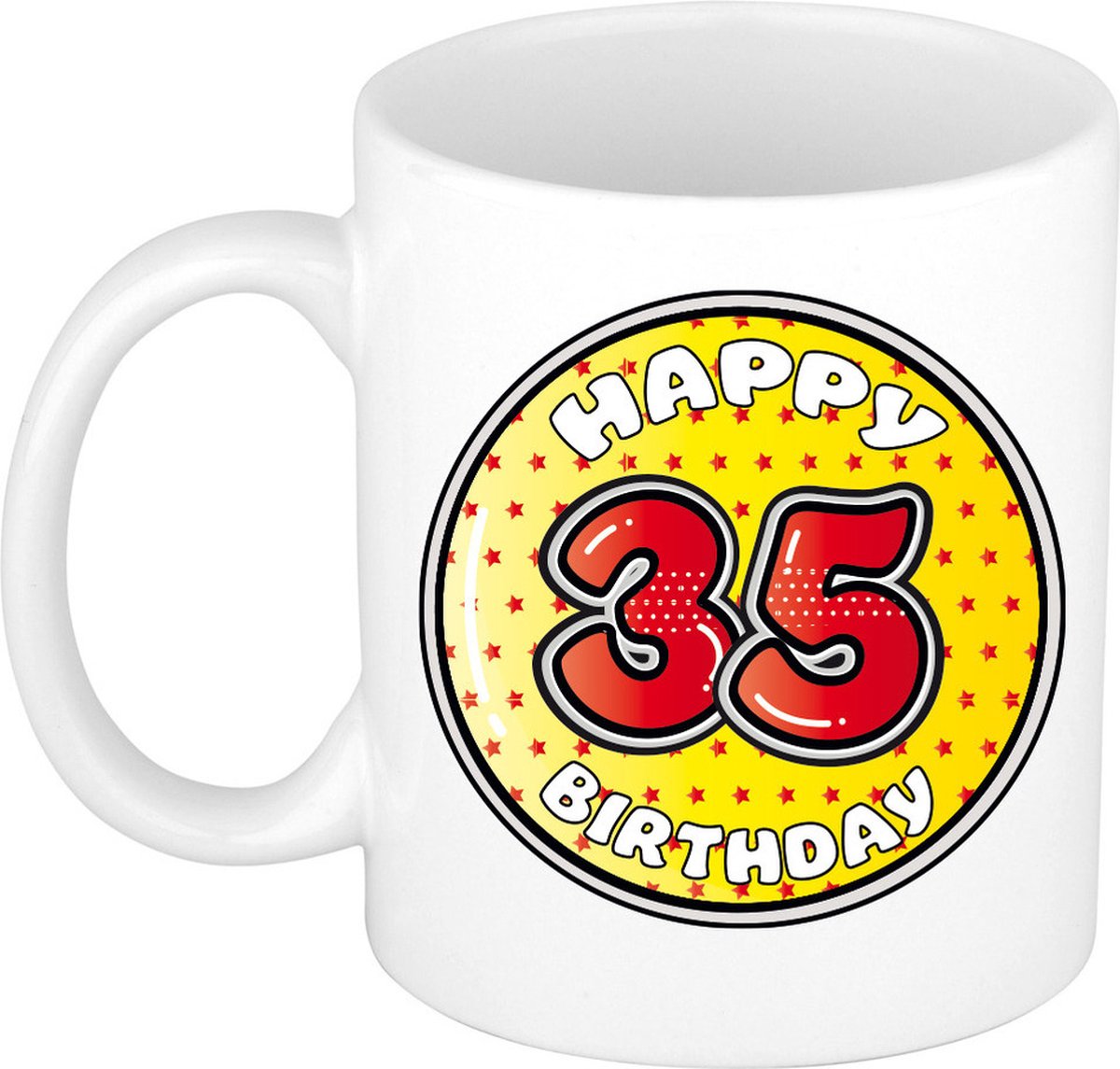 Bellatio Decorations Verjaardag cadeau mok - 35 jaar - geel - sterretjes - 300 ml - keramiek