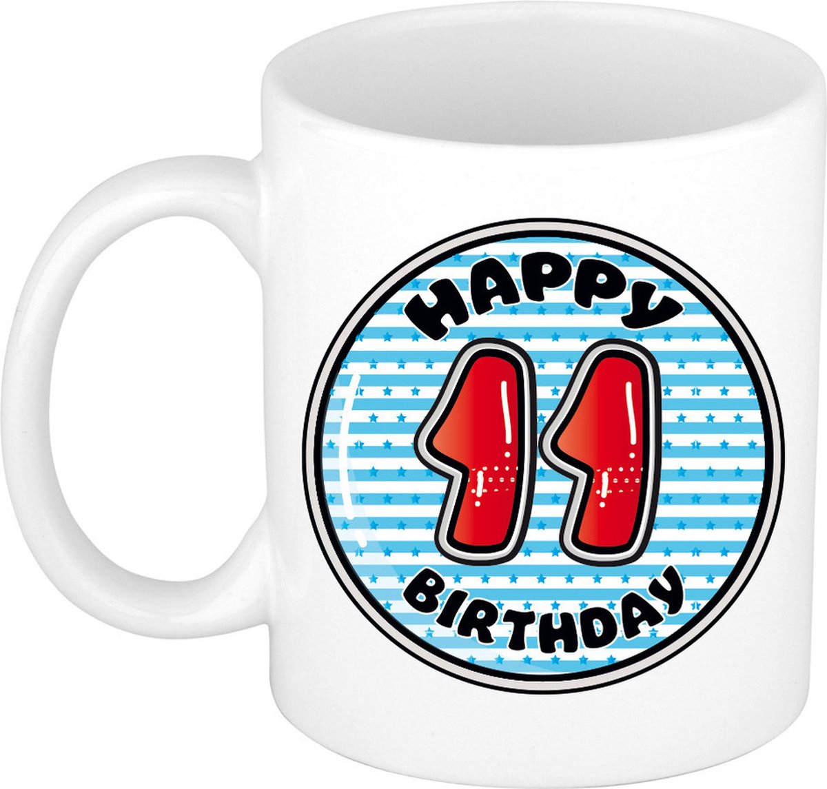 Bellatio Decorations Verjaardag cadeau mok - 11 jaar - blauw - gestreept - 300 ml - keramiek