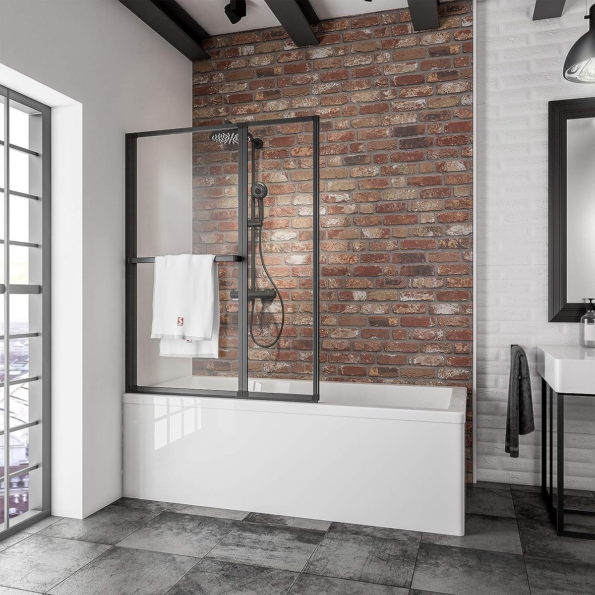 Schulte Badwand - 2 delig - 110x140cm - zwart profiel - transparant veiligheidsglas - eenvoudig te zonder boren - lijmbevestiging