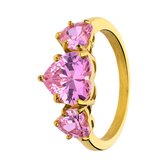 Lucardi Dames Stalen goldplated vintage ring met 3 roze harten - Ring - Staal - Goudkleurig - 21 / 66 mm
