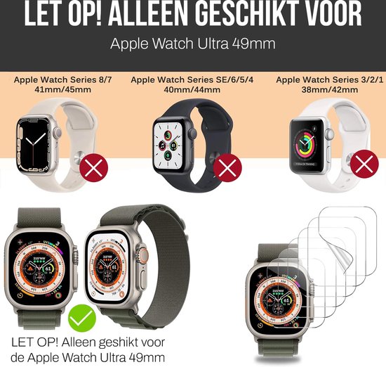 Screenprotector geschikt voor Apple Watch Ultra - 49 mm Screen Protector - Podec - 8 Stuks
