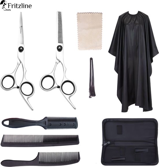 Set de coiffure Fritzline © - 9 pièces - Ciseaux de coiffure - Ciseaux à effiler - Manteau de coiffeur
