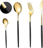 Bestekset, zwart, goud, voor 6 personen, 24 stuks roestvrij stalen messen, vork, lepelset, met zwarte handgreep, vaatwasmachinebestendig.