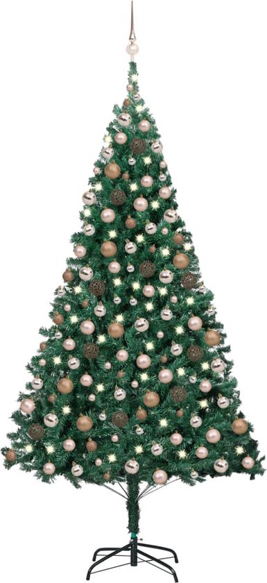 The Living Store Kerstboom Groen PVC - 210 cm - Met LED-verlichting en kerstballen