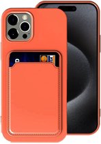 Geschikt voor iPhone 15 Pro Pasjes houder Hoesje Case + Screenprotector – Gehard Glas Cover - Portemonnee Hoesje Cover - Oranje