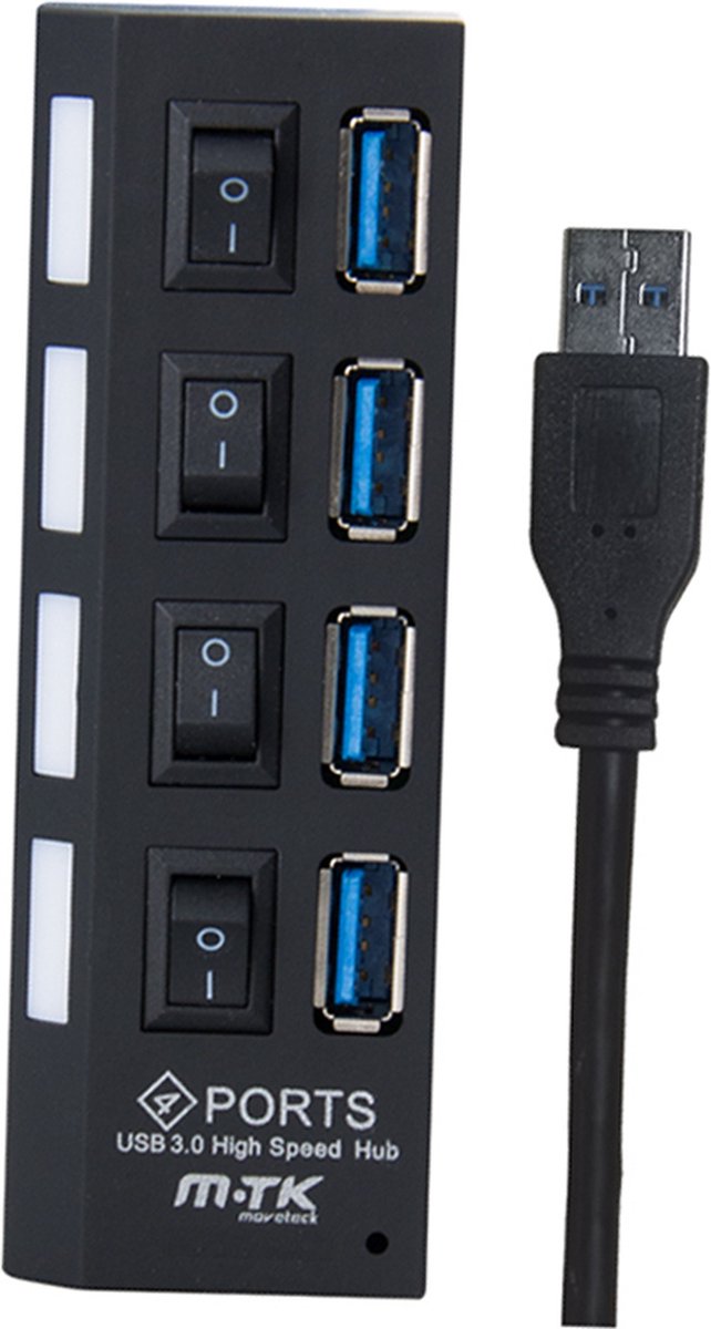 Moveteck USB Hub 3.0 - 4 Poorten 2023 model | USB Splitter | USB C Hub | Adapter | Universeel aan uit schkelaar - zwaart