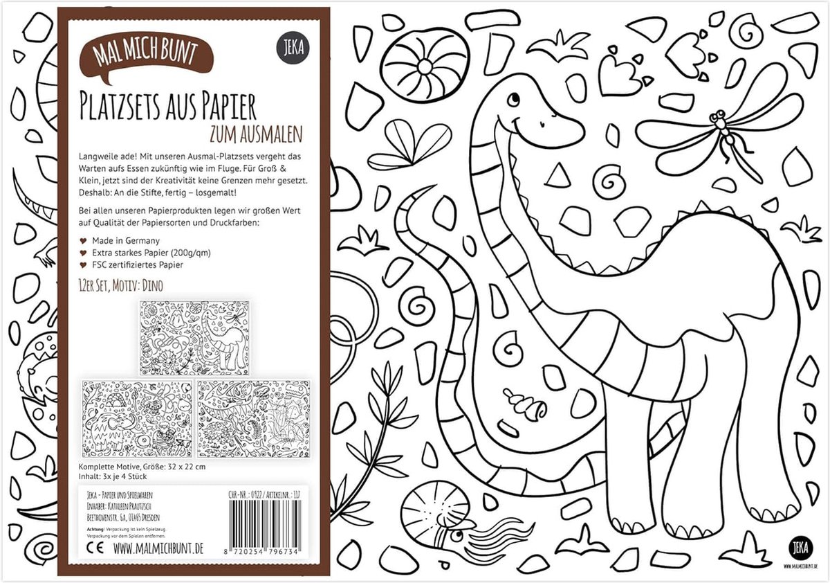 JEKA Placemats om te kleuren - Dino kleurplaat voor kinderen 3-10 jaar