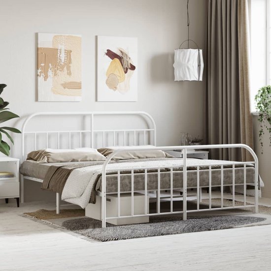 The Living Store Cadre de lit avec tête et pied de lit métal blanc 160x200 cm - Lit