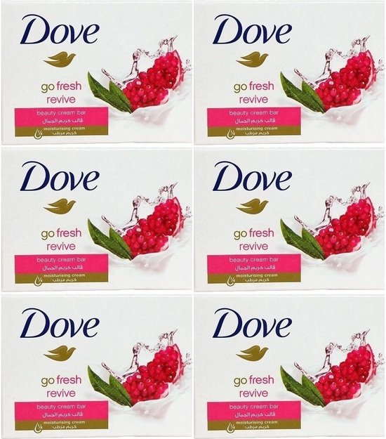 Emballage de six barres de savon Dove Go Fresh Revive, chacune avec grenade et feuilles vertes.