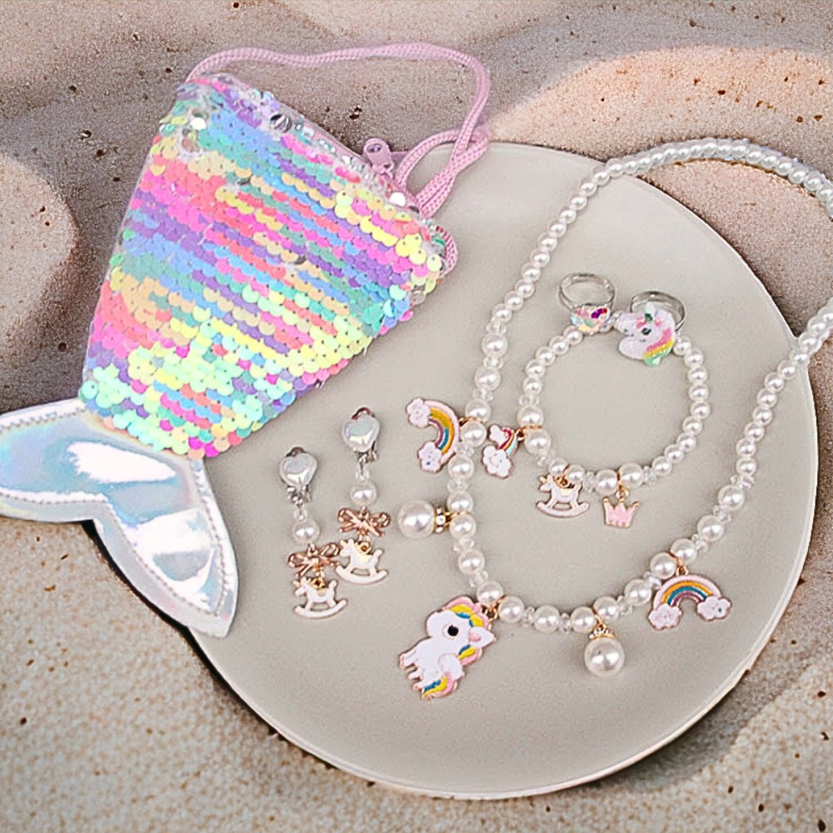 Haar in Stijl® | Parel Sieraad Set Unicorn | Sieradenset voor kinderen | Parel Meisje Sieraden Set met Eenhoorn inclusief gratis Zeemeermin tasje | Ketting | Armband | Ring | Kadotip | Geschenkset voor een verjaardag - Haar in Stijl