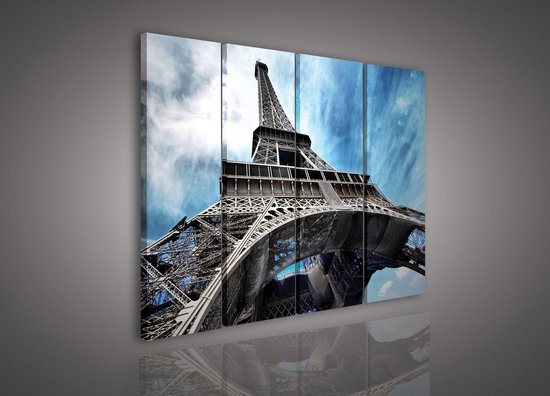 Canvas Schilderij - Eiffeltoren - Stad - Urban - Parijs - Toren - Eiffel toren - Inclusief Frame - Schilderij Woonkamer - Schilderijen op canvas - Inclusief Frame - 120x80cm LxB - 4 Luiks - 4 Delen