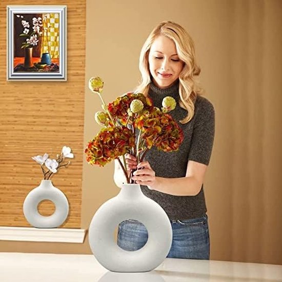 2 Vases Céramique Blanche 21cm - Style Boho, Pour Fleurs Séchées Ou Fraîches