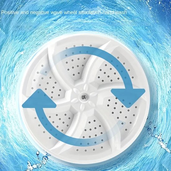 Witte wasmachinetrommel met blauwe pijlen die de draairichting aangeven, omgeven door water.