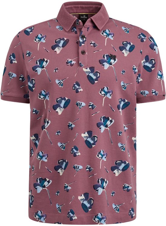 Donkerroze poloshirt met een all-over bloemenprint in blauw en paars. Knoopsluiting en korte mouwen.