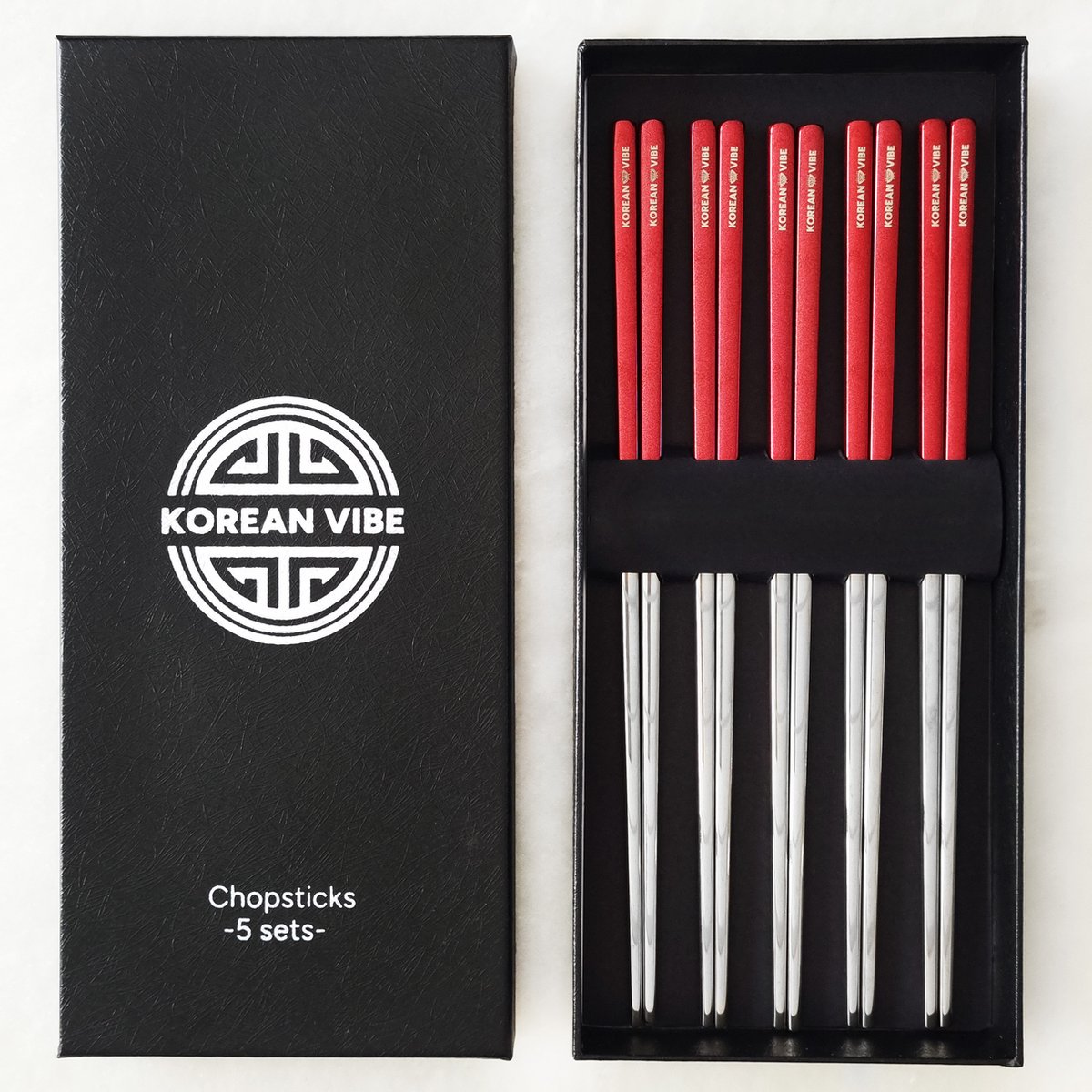 KoreanVibe Chopsticks Set - Eetstokjes - Vaatwasserbestendig - RVS - 5Paar - Zilver/Rood