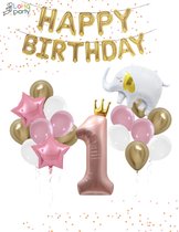 Loha-party® Folie ballon cijfer 1-De 1e verjaardag ballonnen set-De eerste verjaardag-slinger-Olifant-Goud kroon-Pink cijfer-1-XXL cijfer-Meisje-Rose ster-Verjaardag decoratie-Versiering ballonnen-Folie cijfer 1 balloon-Cijfer balloon met kroon