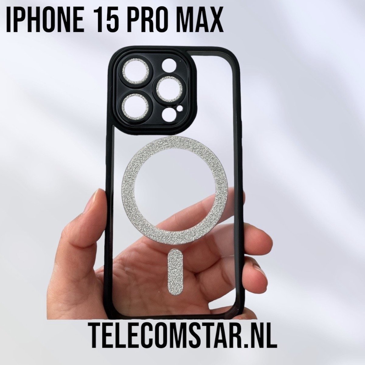 Apple iPhone 15 Pro Max Hoesje Magsafe - Magneet Case met Ring Zwart Glitter met Camera lens bescherming