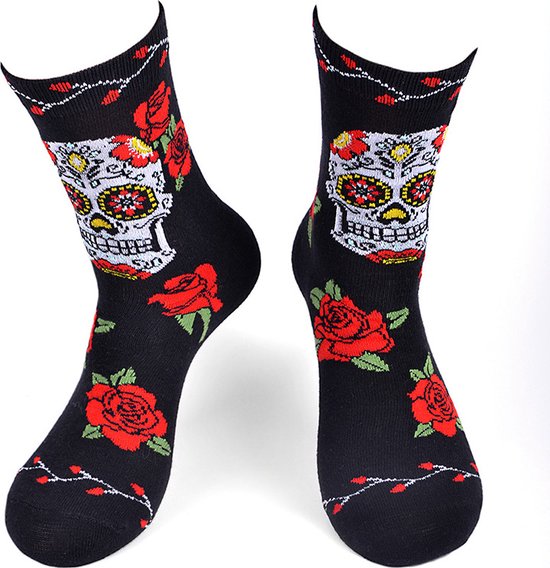 Halloween Sokken Dia de Muertos met Sugar Skull en Rozen - Dames maat 36-40 - Halloween Accesoires - Gothic Sokken