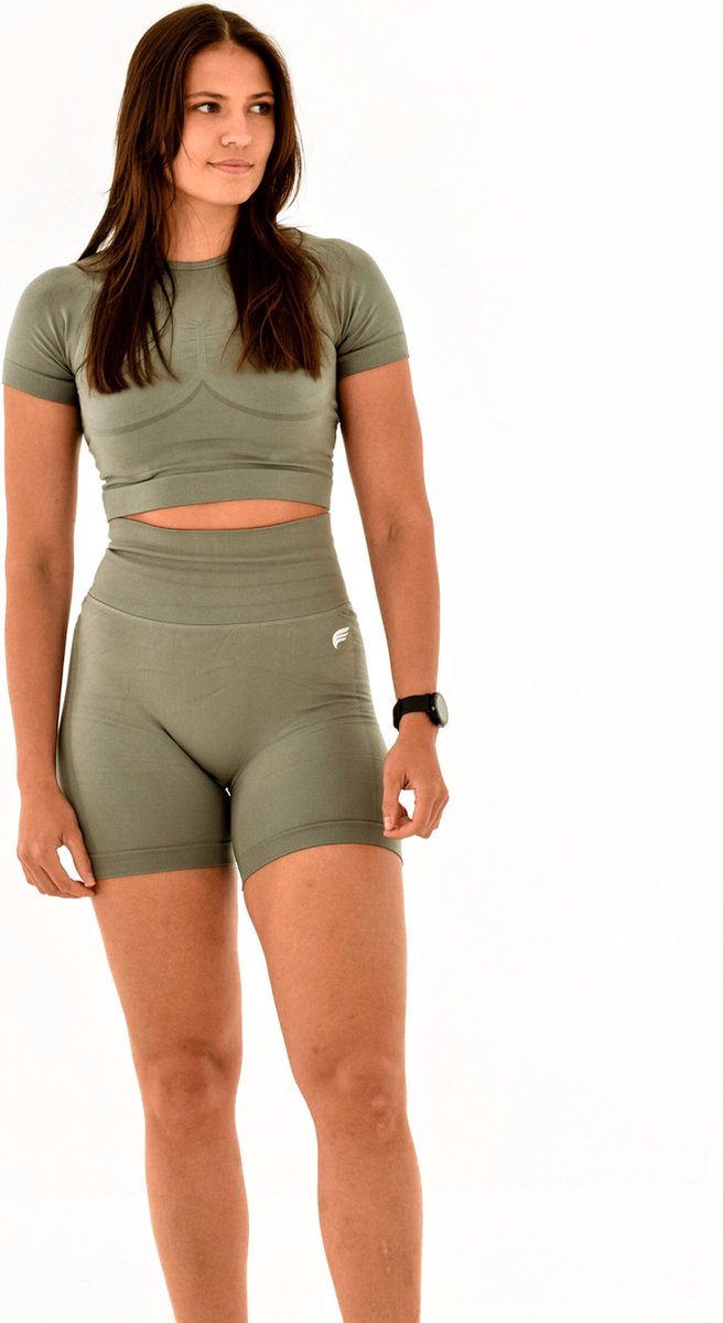 DM Training Comfort sportset dames – Cropped T-shirt + high waist short – Ademend & sneldrogend – Yoga/Fitness (sage grijs)