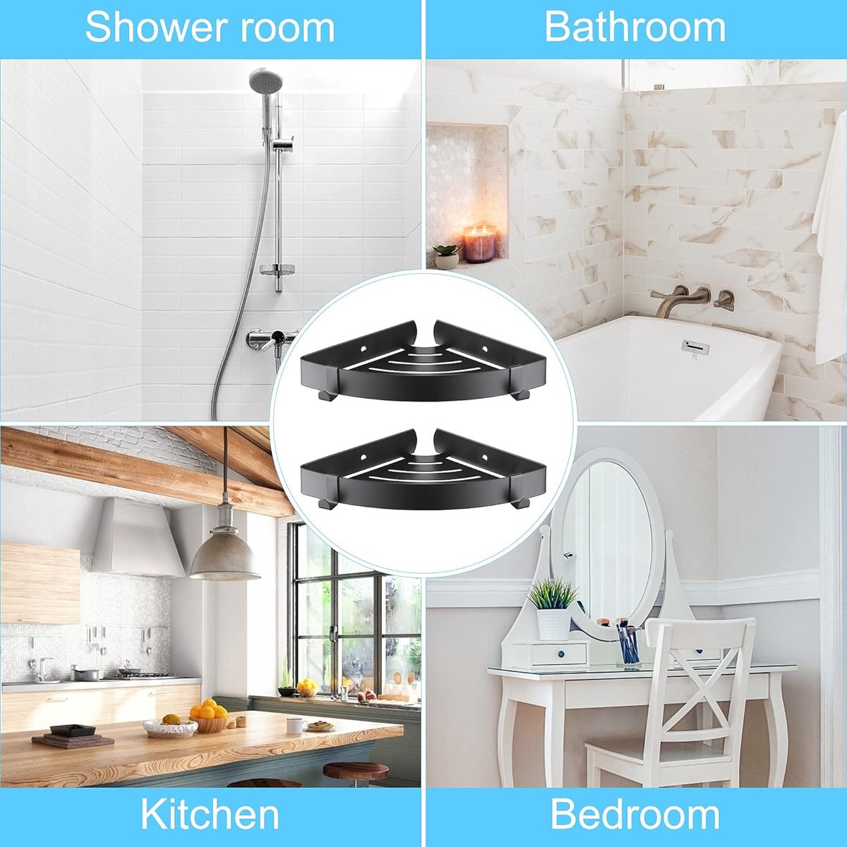 Uootach Hoekdoucheplank, zonder boren, van aluminium, hoekdoucheplank met haken, badkamerorganizer, ideaal voor badkamer, keuken, woonkamer (zwart