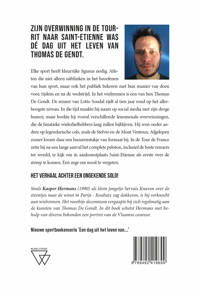 Boekcover met een portretfoto van Thomas De Gendt. De tekst luidt 'Zijn overwinning in de Tour: Saint-Etienne de dag uit het leven van Thomas De Gendt'.