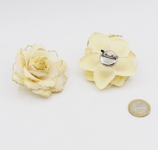 Set de 2 jolies broches à fleurs subtiles en tulle et satin, diamètre 6 cm avec paillettes et épingle de sûreté, couleur beige