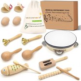 Muziekinstrumentenset voor kinderen, muziek, kinderspeelgoed, houten percussieset met opbergtas, houten speelgoed, babyspeelgoed voor meisjes en jongens