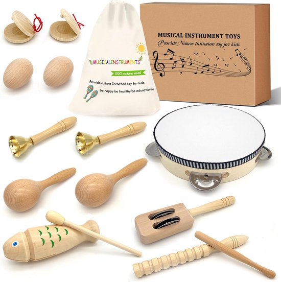 Muziekinstrumentenset voor kinderen, muziek, kinderspeelgoed, houten percussieset met opbergtas, houten speelgoed, babyspeelgoed voor meisjes en jongens - Merkloos