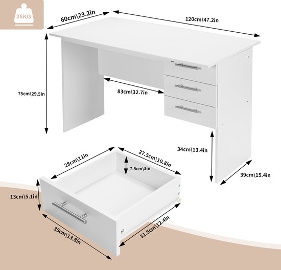 Klihome Bureau met 2 laden met opbergruimte, 120 x 48 x 75