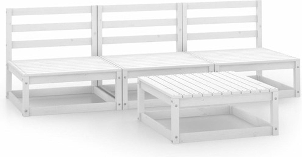 The Living Store 4-delige Loungeset massief grenenhout wit - Loungeset - Tuinlounge - Lounge Stoffen - Houten Loungestoel - Buitendiner