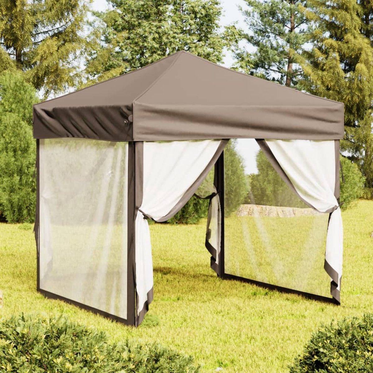 Folding taupe party tent with sidewalls, 2x2m. Ideal for outdoor events, providing shade and protection.