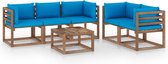 The Living Store Lounge Set - Grenenhout - Hoekbank + Middenbank + Tafel - Lichtblauwe Kussens