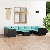 The Living Store Tuinset - Poly rattan - Modulair design - Waterbestendig - Stevig frame - Comfortabele kussens - Zwart - Waterblauwe kussens - PE-rattan - Gepoedercoat staal - Kunststof - Glas - Montage vereist - The Living Store