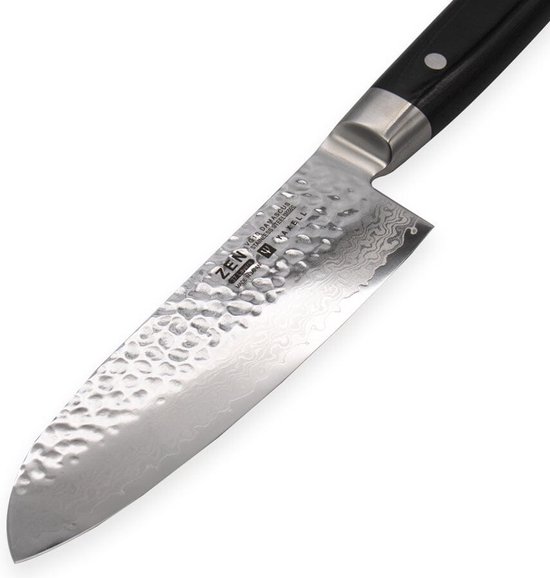 Yaxell Japonais - Série Zen - Couteau de Chef Santoku - Acier VG-10 - 61 HRC - Lame 16,5 cm - Acier Damas 37 Couches - Manche Toile-Micarta