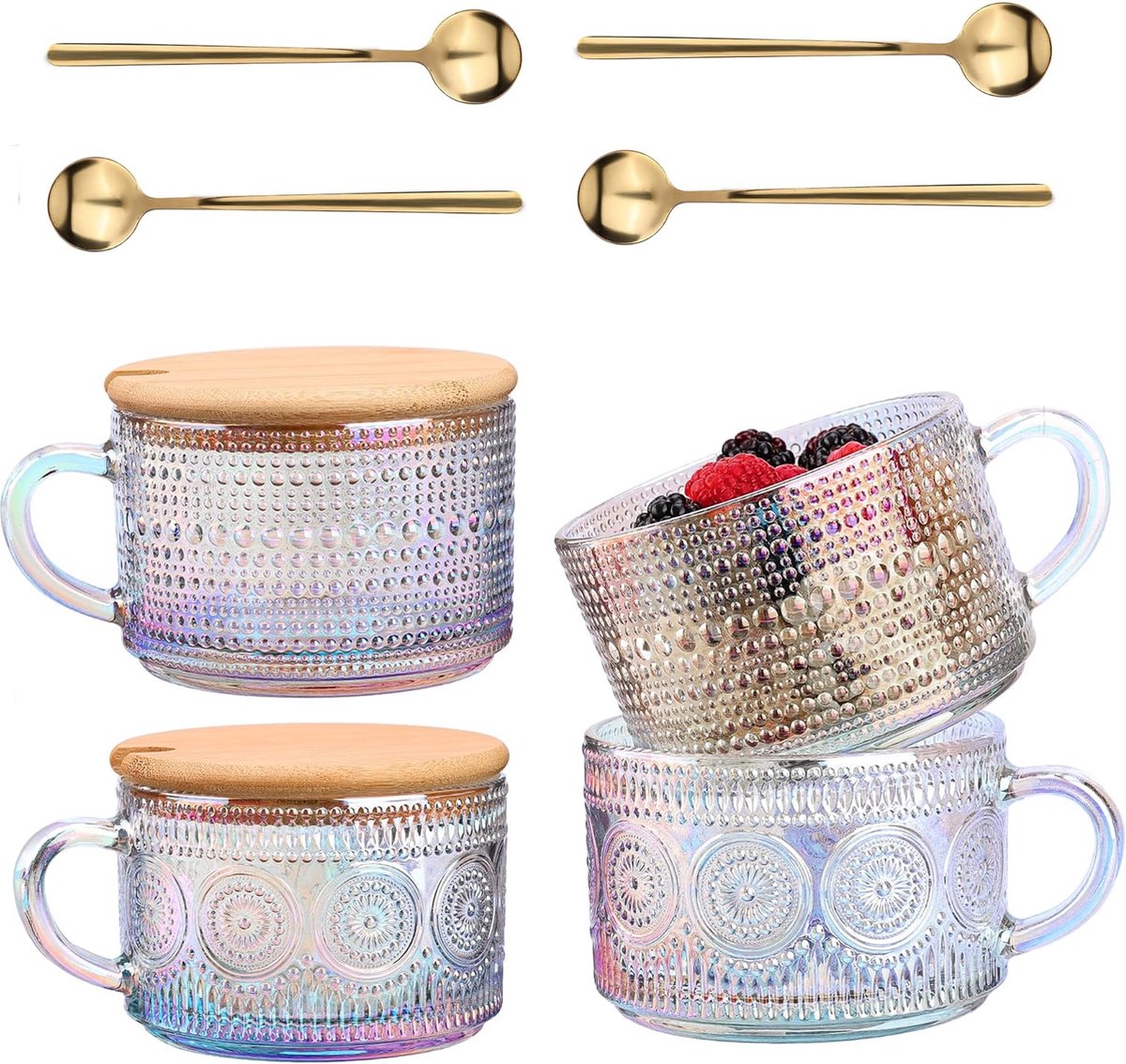 Set de 2 tasses à café vintage, tasses à thé en verre, tasses en verre  transparent gaufré avec bambou, tasses de petit-déjeuner, pour cappuccino