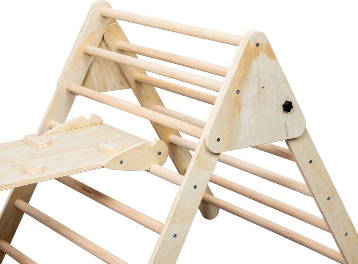 Buxibo XXL Klimrek - Opvouwbare Driehoek + Klimboog + Helling met Glijbaan - Montessori Meubels Houten Speelgym - Naturel - 210x83x81cm — afbeelding 2