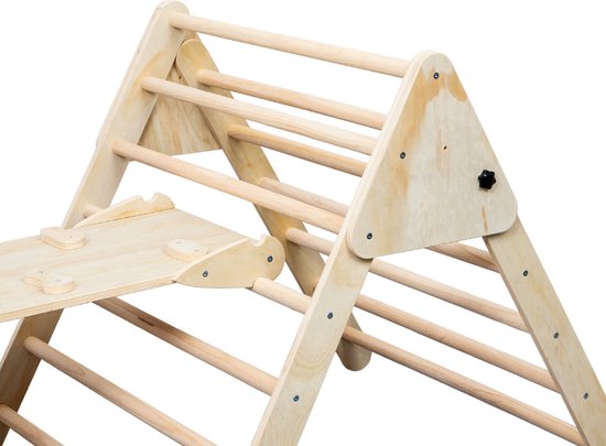 Buxibo XXL Klimrek - Opvouwbare Driehoek + Klimboog + Helling met Glijbaan - Montessori Meubels Houten Speelgym - Naturel - 210x83x81cm