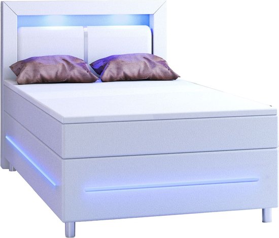 Boxspringbed / Boxspring Norfolk - 120 x 200 cm - Wit - LED - Incl. Matras & Topper