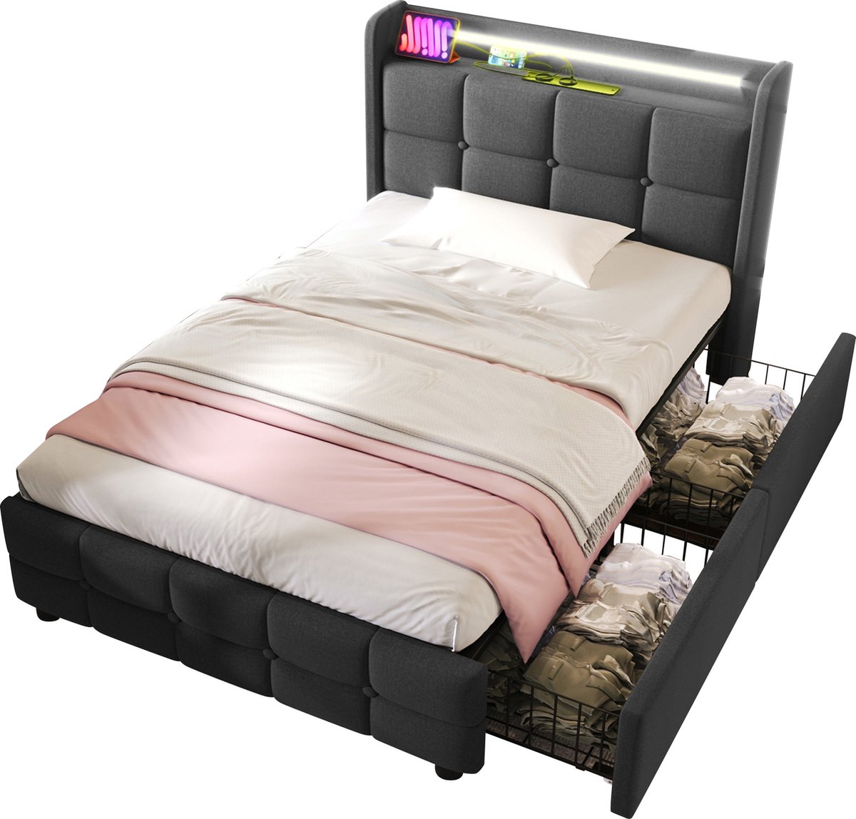 Merax Gestoffeerd Eenpersoonsbed 90 x 200 cm met Opbergruimte - Bed met USB en LED Verlichting - Grijs