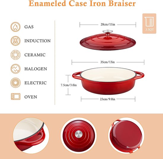 Overmont Braadpan van emaille gietijzer, stoofpan, 28 cm, geschikt voor de oven, met deksel en kookboek, voor keuken, bakken, smoren, braden, groen