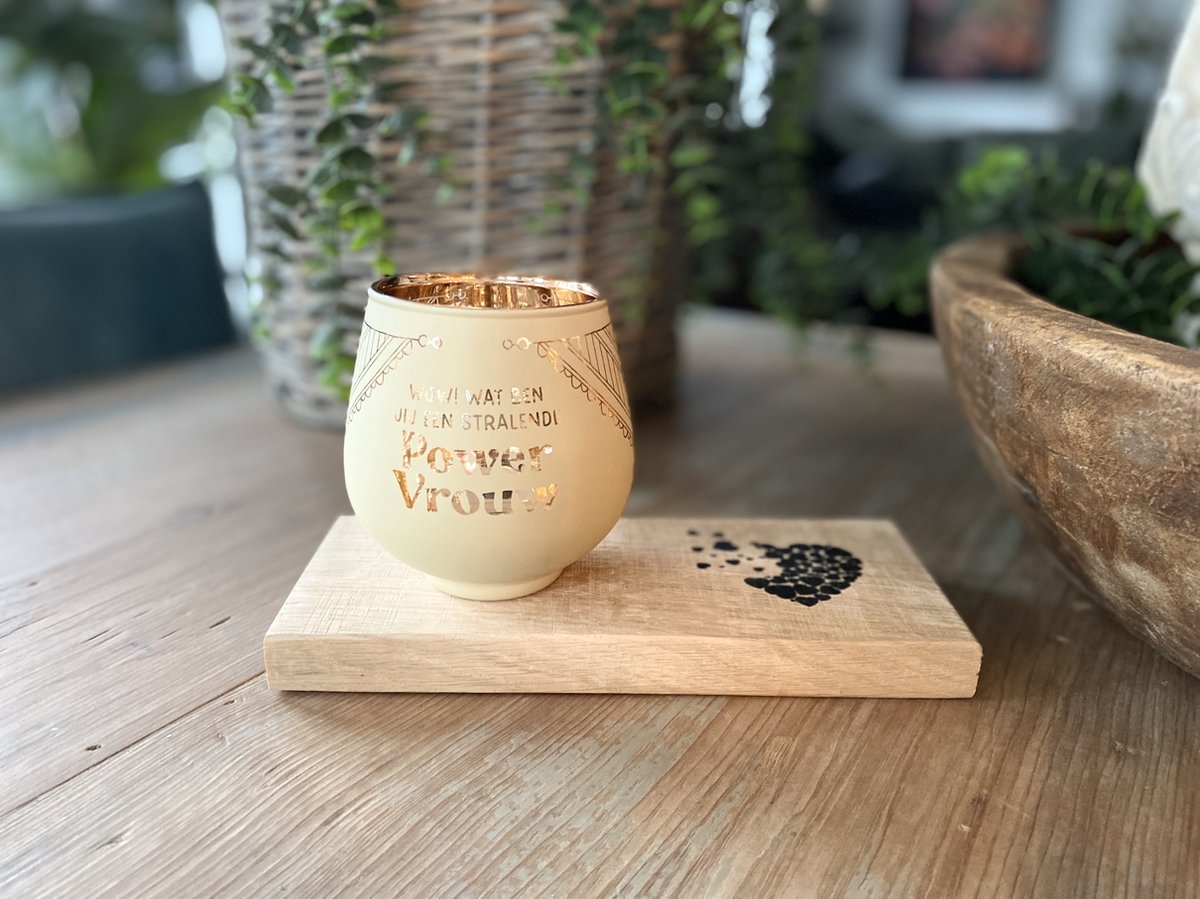 Creaties van hier PowerVrouw - Kaarsen - Theelichthouder met Plankje - Glas - 9,4x8,9 cm
