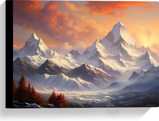 Canvas - Bergen - Bomen - Sneeuw - Wolken - 40x30 cm Foto op Canvas Schilderij (Wanddecoratie op Canvas)