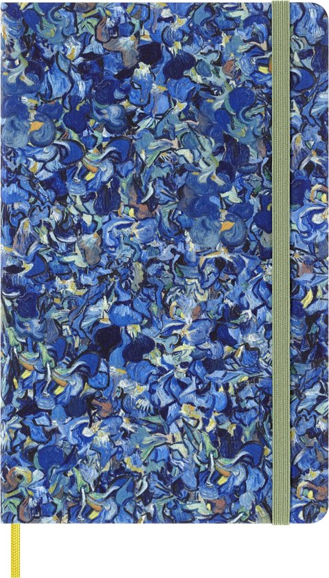 Couverture avant d'un carnet Moleskine avec un motif floral bleu et jaune peint, possiblement par Vincent van Gogh. Un élastique vert court verticalement.