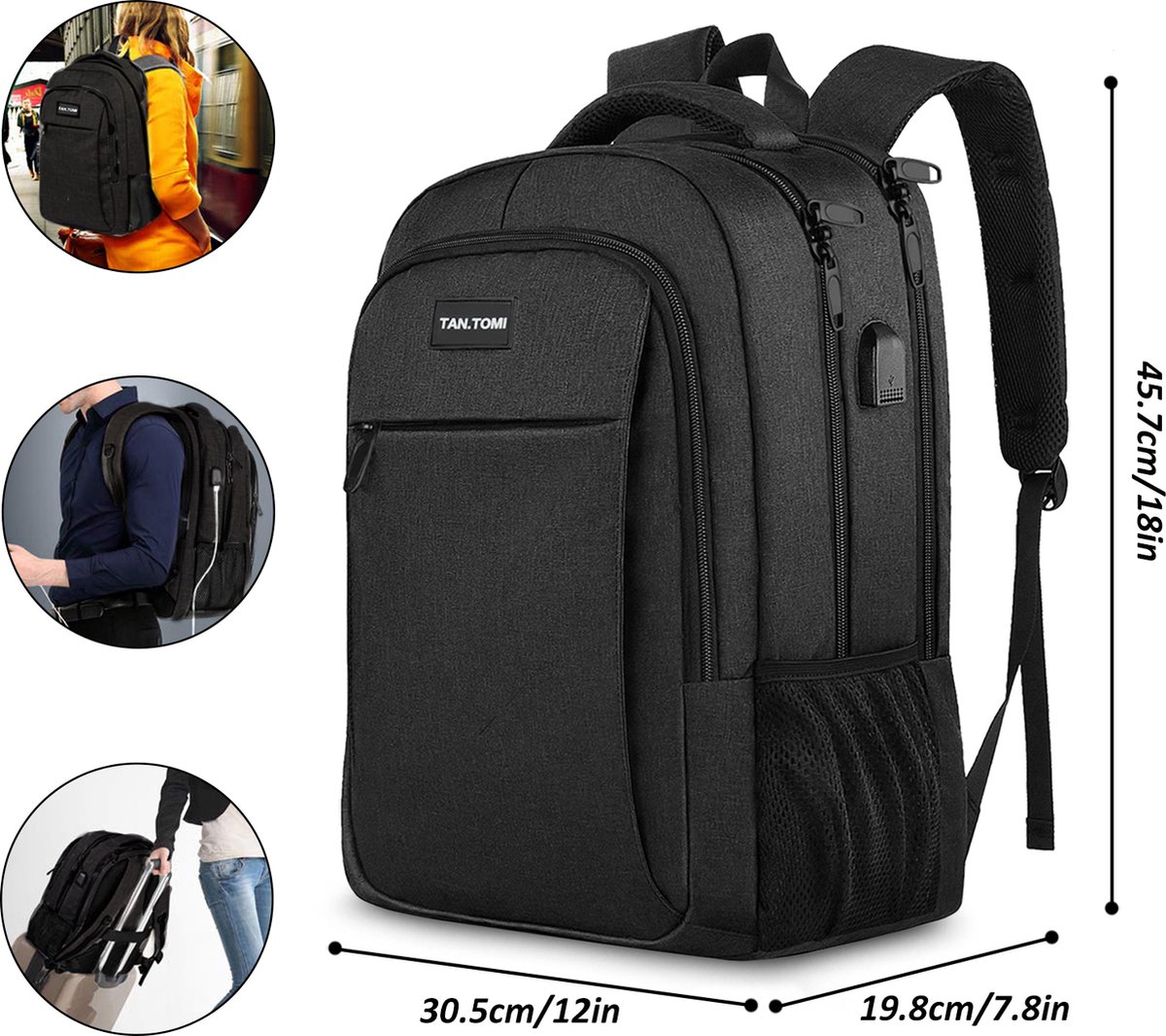 TAN.TOMI Laptop Rugzak 17.3 Inch – Grote Rugzak 36L voor School, Werk en Reizen – Spatwaterdichte Schooltas met USB-poort – Laptop Backpack voor Dames en Heren – Zwart – foto 4